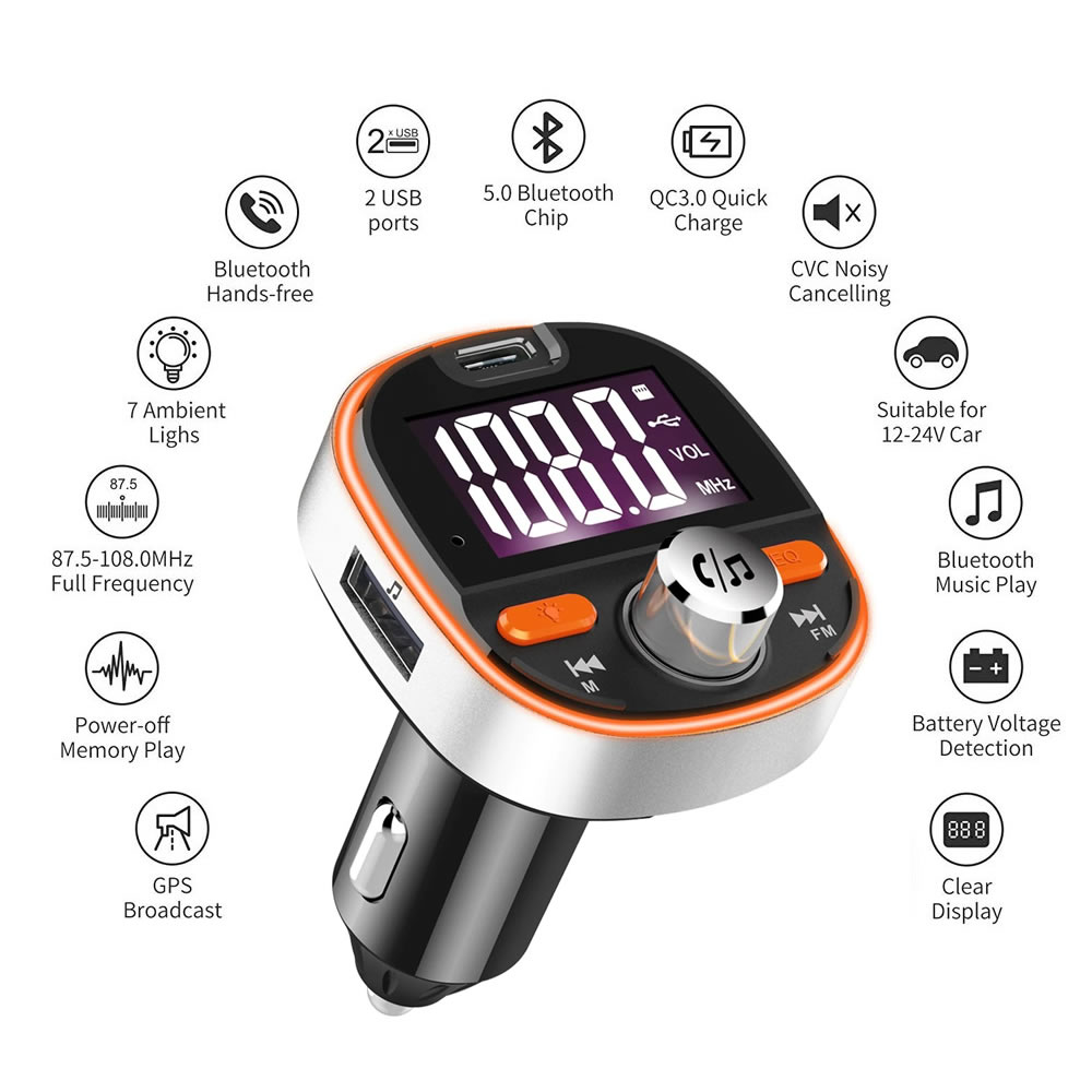 Car Kit handsfree Bluetooth 5.0, modulator FM, PD3.0 USB Type-C, 2xUSB 5V, slot microSD card