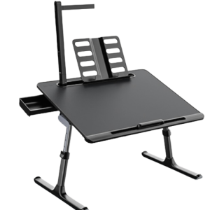 Masuta multifunctionala Mytable 60x45 cm cu lumina LED, suport pentru carti, suport tableta, caseta rechizite, pliabila, reglabila, negru